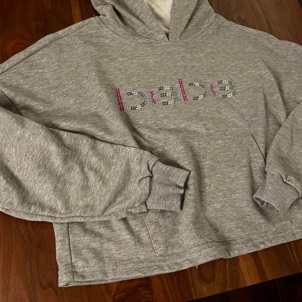 Bebe Sport Y2K Rhinestone Bedazzled Cropped Hoodie Grey Medium - Picture 4 of 5
